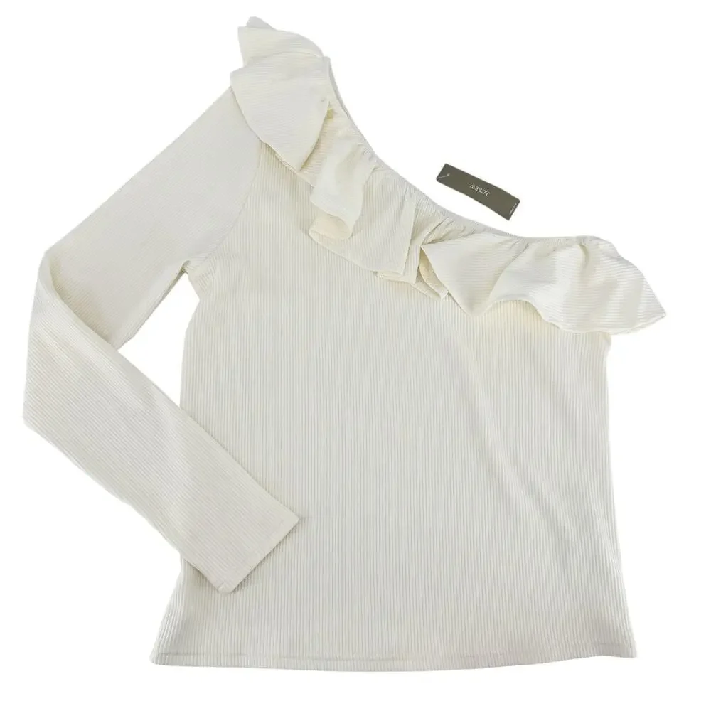 J.Crew One shoulder ruffleneck top vintage rib Ivory Large NWT Parisian Style